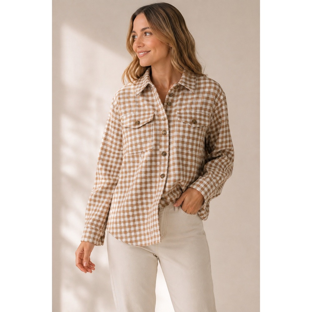 WallFlower Womens Tan Houndstooth Button Front French Terry Shirt Shacket L